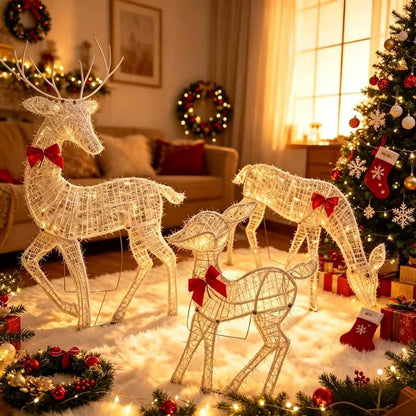 🎀 50% RABATT!✨LED-julrenset med rosett –🎁dekorativ renfamilj för inom- och utomhusbruk