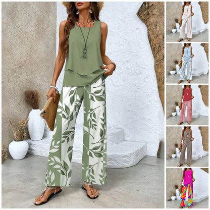 🌺50% RABATT!🎨 2-delad outfit med trendigt tryck för kvinnor - kombination av ärmlös topp och byxor!”