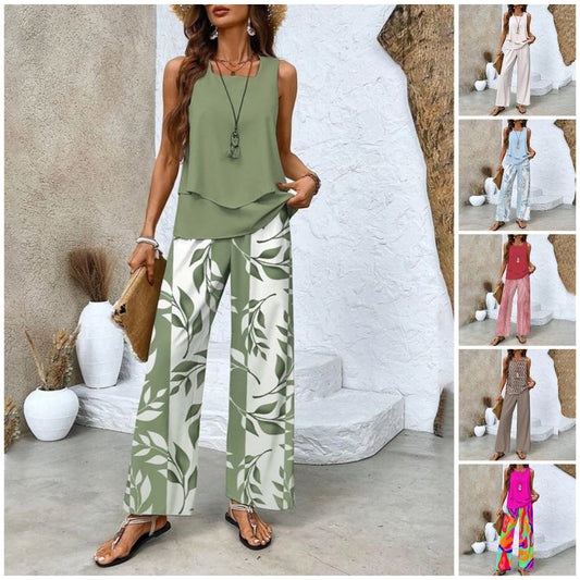 🌺50% RABATT!🎨 2-delad outfit med trendigt tryck för kvinnor - kombination av ärmlös topp och byxor!”