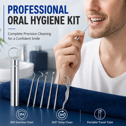 🦷 50 % RABATT! ✨ Tandpetarset i rostfritt stål (7 delar) – Portabla tandpetare & tandstensskrapor i aluminiumetui med nyckelring 🌿