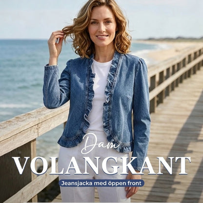Damjeansjacka med volangdetalj och öppen front