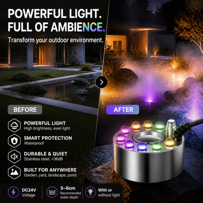 💨 50% RABATT NU! ⚡ 12-LED ultraljudsdimsgörare – Skapar sval dimma och färgglatt ljus – Perfekt för luftfuktare, fontäner eller Halloween-dekoration – körs tyst i vatten 💧✨