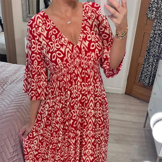 🔥Casual Print V-Neck Midja Omlott Långklänning