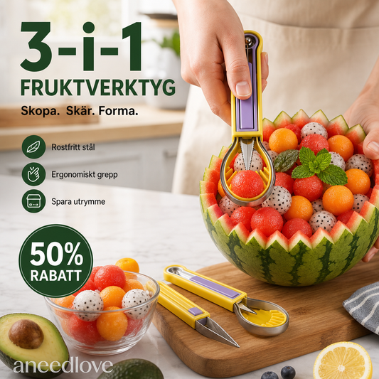✨ Ta din frukttillagning till en ny nivå – det multifunktionella 3-i-1-setet med melonskopa och skärkniv! ✨