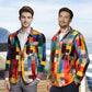 Unisex Simple Rainbow Color Plaid Vintage Printed Lapel Långärmad skjorta med fickor