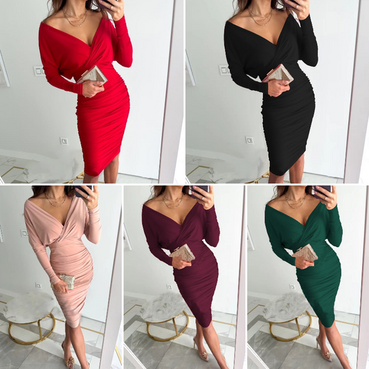 Sexig Bodycon-klänning med rynkad V-ringning för kvinnor