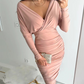 Sexig Bodycon-klänning med rynkad V-ringning för kvinnor