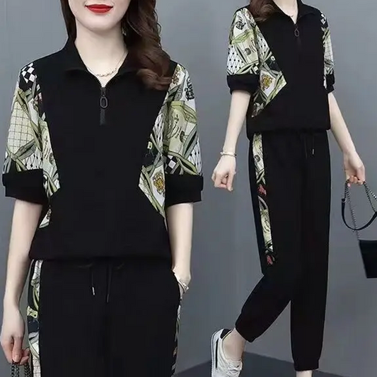 Damen Floral Patchwork Sport Kurzarm Top & Casual Hose Set