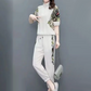 Damen Floral Patchwork Sport Kurzarm Top & Casual Hose Set