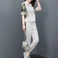 Damen Floral Patchwork Sport Kurzarm Top & Casual Hose Set