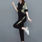 Damen Floral Patchwork Sport Kurzarm Top & Casual Hose Set