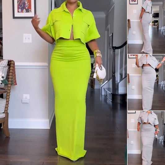 Croppad topp + maxikjol tvådelat set 👗|Hög midja visar 30% ✨ benlängd
