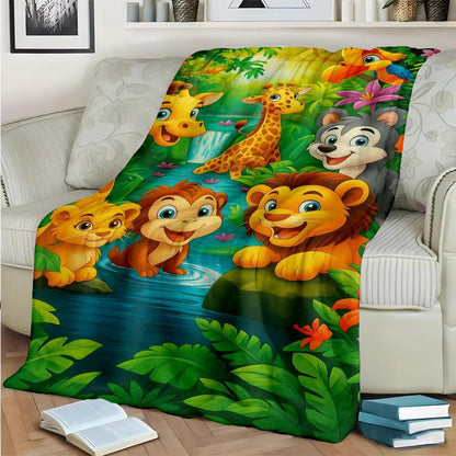 Plush Flannel Throw Blanket med tecknad djungelprint