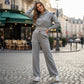 🌸Wieanfedy™ 2-delat Ribbad Långärmad Crop Top & Wide Leg Byxor Set – Matchat Loungeoutfit