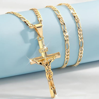 ✝️ 50% RABATT! ✨ Guldkrucifixhalsband – Detaljerat INRI-motiv, justerbar figarokedja och glittrande finish 💛