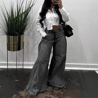 Högmidjade oversized jeans med vida ben för damer