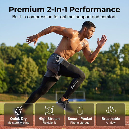 🏃‍♂️ 50% RABATT NU!💨 Herr 2-i-1 Löpartights med Shorts – Kompression & Snabbtorkande – Sportbyxor med Telefonficka 📱
