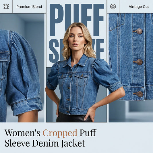🧥 50% RABATT NU! 🎀 Dam puff kort ärm croppad denimjacka – Vintage detaljer & mjuk blandning – Smickrande midjesnitt – perfekt för vår och sommar 🌟