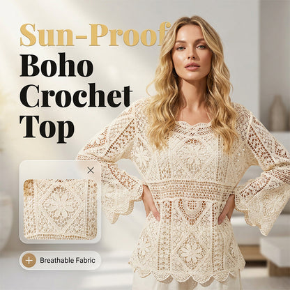 👚 50% RABATT NU! 🌸 Kvinnors Vintage-inspirerad Spets Cover-Up Blus – Boho Virkning, Hålrum & Vida Ärmar ✨