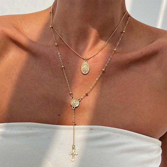 Halsband med guldkors i flera lager för kvinnor