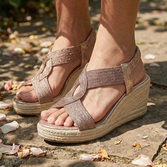 Bohemiska vävda sandaler med kilklack för damer