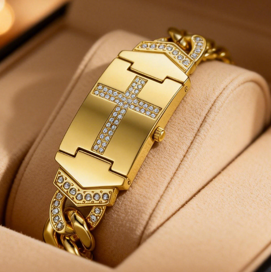 🔥 50% RABATT på utvalda produkter💎Elegant Kristallkors-klocka – Geometrisk Rektangulär Urtavla, Premium Metallarmband, Perfekt Present & Daglig Elegans