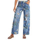 Blommiga Jeans med Raka Ben för Dam