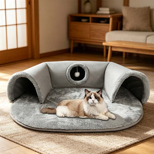 🐱 50% RABATT NU! 🛏️ 2-i-1 Plysch Kattunnelsäng – Mysig, Hopfällbar & Reptålig – Perfekt För Lek, Vila & Trygg Sömn 🐾