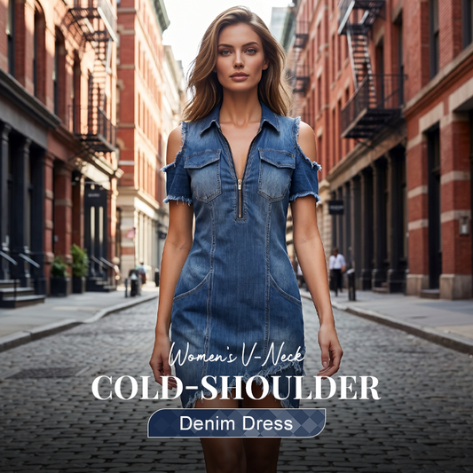 👗 50% RABATT NU! 💙 Kvinnors Cold-Shoulder Denimklänning – V-ringning, Flödande & Boho – Ansträngningslös Sommarstil Med En Touch Av Kant 🌸