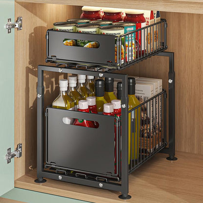 🗄️ 50% RABATT NU! 📦 Dubbelt Utdragbart Skåpställ – 5 Justerbara Höjder & 2 Hyllplan – Kolstål & Stor Kapacitet – Ingen Installation Krävs – Perfekt för Kök, Badrum & Kontor 🏠