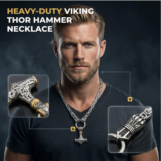 Halsband med hänge i form av vikingahammaren Thor, rostfritt stål, bysantinsk kedja