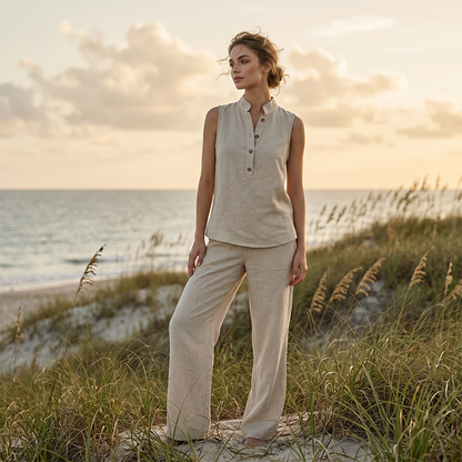 👗 50% RABATT – BEGRÄNSAD TID! Women's Minimalist Sleeveless Top & Wide‑Leg Pants Set – stand collar, relaxed fit & solid color – perfekt för vardag, kontor och semester 🌸✨