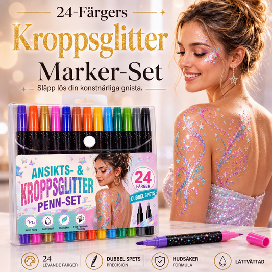 Glittermarkörer för ansikte och kropp med dubbla spetsar, set med 24 färger