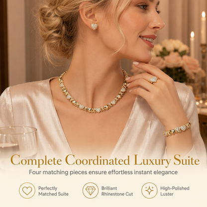 Gold Plated Heart Shaped Rhinestone Jewelry 4-Piece Set with Necklace Earrings Bracelet and Ring