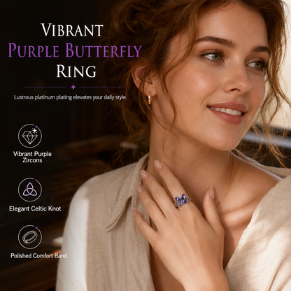🦋 50 % RABATT! ✨ Söt och snygg fjärilsring i koreansk stil för kvinnor – livfulla lila ädelstenar, intrikat keltiskt mönster och platinafärg – elegant lyx för vardagen 💜