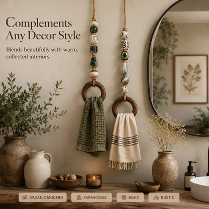 🌿 Dekorativ handdukshängare med pärlor och träring – naturlig bohemisk charm ✨