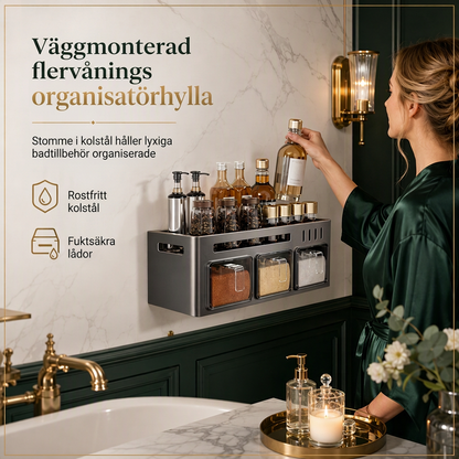 Borrmingsfri väggmonterad kryddhylla och kryddförvaringslåda för kök med kryddburkar och skedar