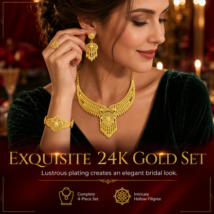 📢📢50 % RABATT !! ⏰24K guldpläterat bröllopssmyckeset – halsband, armband, ring och örhängen i indisk stil från Dubai för kvinnor