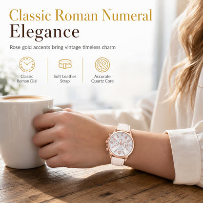 Stilren Damklocka med Läderarmband & Treögd Urtavla – Elegant Kvartsur för Dam