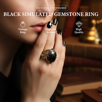 ⏳50 % rabatt under en begränsad tid💥Vintage-ring i svart med gravering och imiterad ädelsten