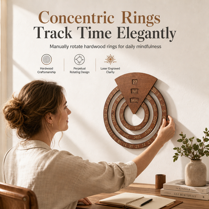 📅 50 % RABATT NU! 🌳 Roterande evighetskalender i massivt trä – taktila ringar & geometrisk design för väggen ✨