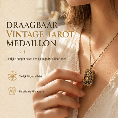 📢 50 % RABATT NU! ⏰ Litet tarotkortshalsband för damer – vintage medaljong med minikortlek i guld ✨