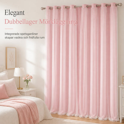 Dubbellagerad mörkläggningsgardin med transparent överlagring, fönsterpanel med hålband för sovrum och barnrum
