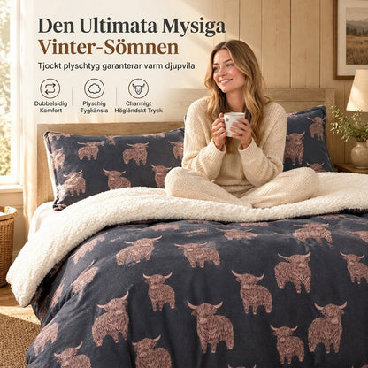 🐂 50 % RABATT! ❄️ Varmt 3-delat påslakanset med skotsk höglandsko – Dubbelsidig plysch & sherpa för kalla vinternätter 🛏️
